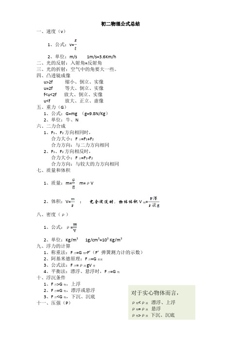 沪科版八年级物理公式总结