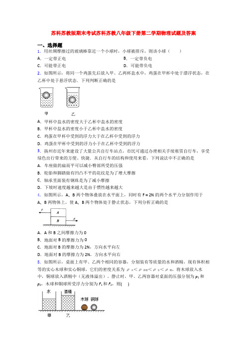 苏科苏教版期末考试苏科苏教八年级下册第二学期物理试题及答案