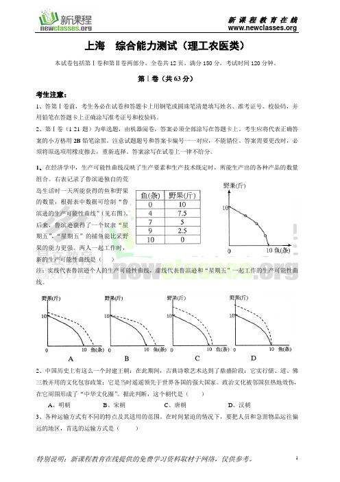 2007年高考理科综合试题(上海卷)