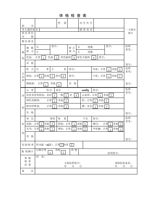 体格检查表模板