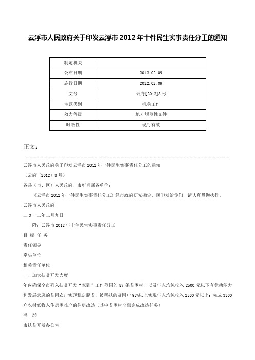 云浮市人民政府关于印发云浮市2012年十件民生实事责任分工的通知-云府[2012]8号