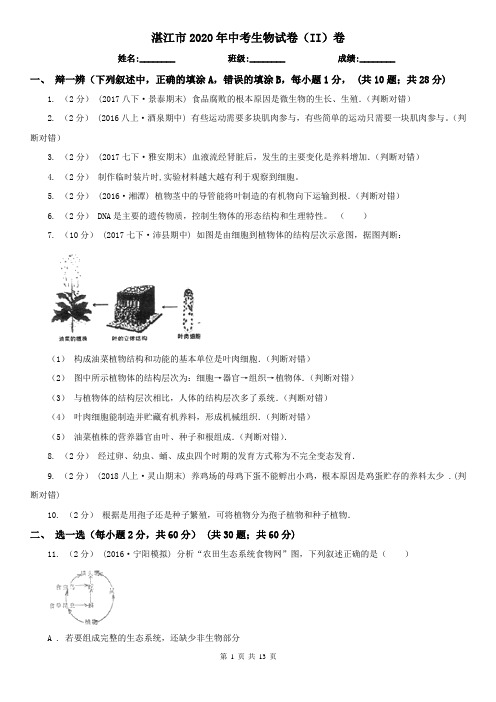 湛江市2020年中考生物试卷(II)卷(新版)