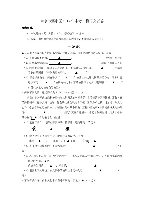 江苏省南京市溧水区2019年中考二模语文试卷及答案