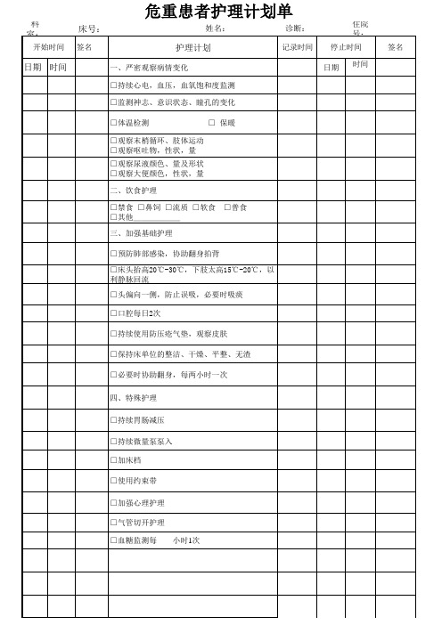 危重患者护理计划单