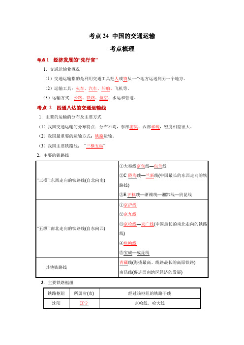 地理中考一轮过关讲练(人教版)考点24 中国的交通运输(解析版)