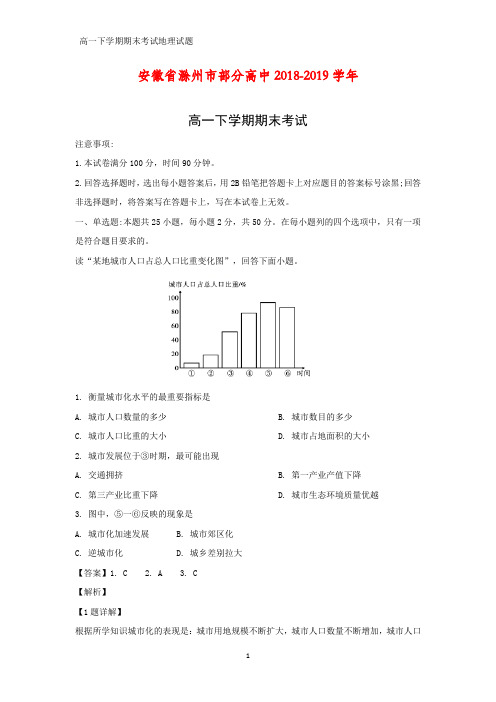 安徽省滁州市部分高中2018-2019学年高一下学期期末考试地理试题(答案+解析)