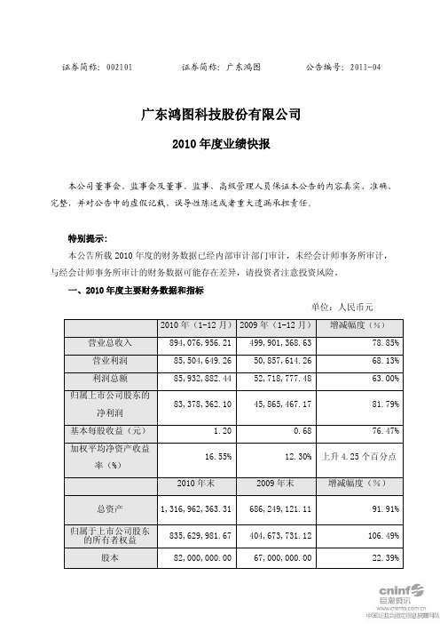 广东鸿图：2010年度业绩快报 2011-02-15