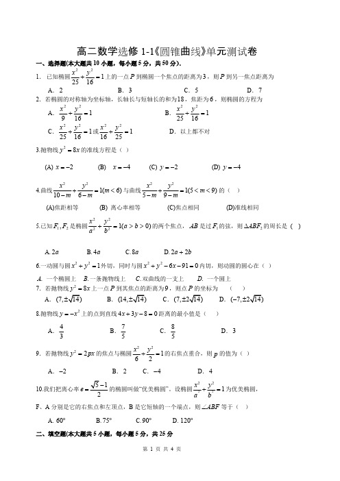 高二数学选修1-1《圆锥曲线》单元测试卷