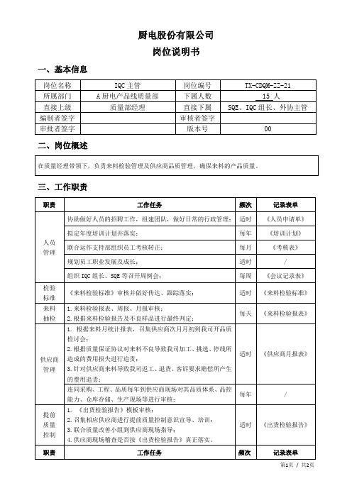 IQC主管岗位说明书