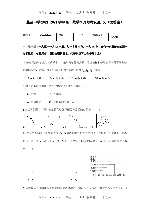 高二数学9月月考试题 文