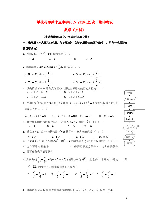 四川省攀枝花市第十五中学校高二数学上学期期中试题文