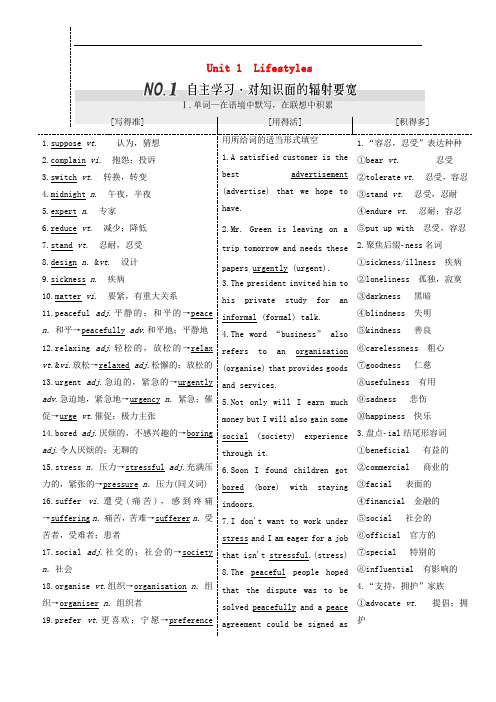 高考英语一轮复习 Unit 1 Lifestyles 北师大版必修1