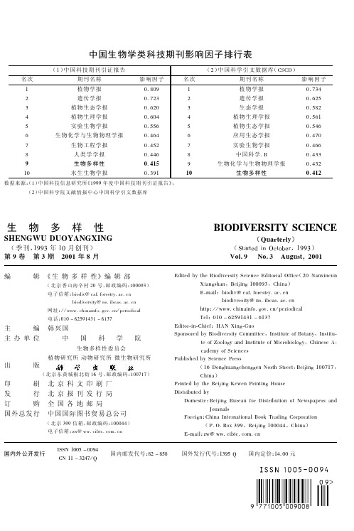 中国生物学类科技期刊影响因子排行表