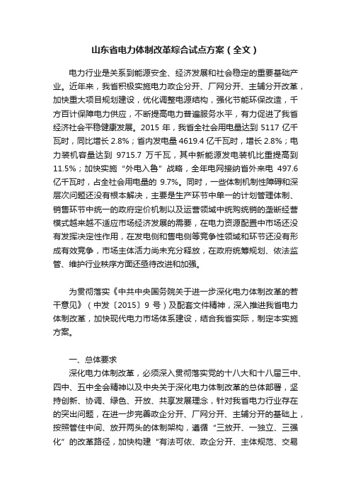 山东省电力体制改革综合试点方案（全文）