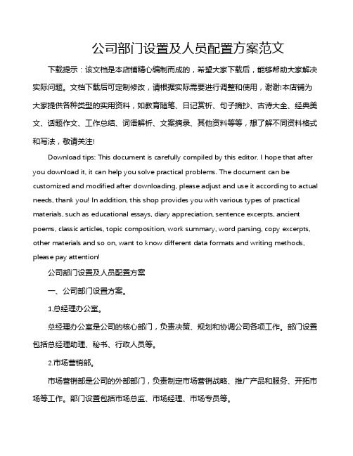 公司部门设置及人员配置方案范文