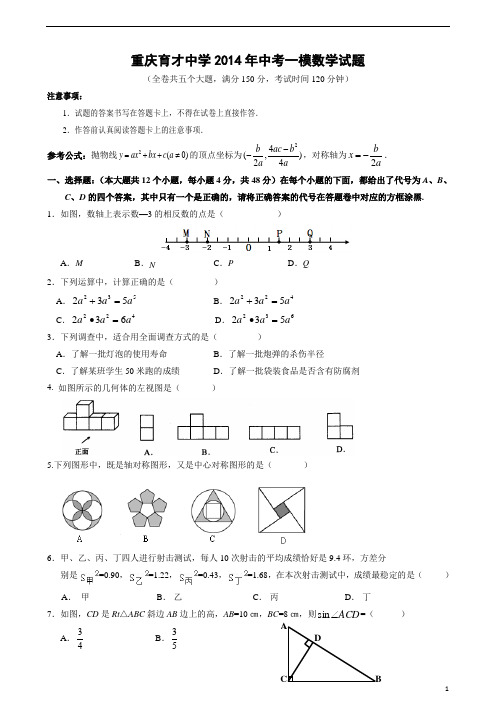 重庆2014年育才中学中考数学模拟试题(教师版)