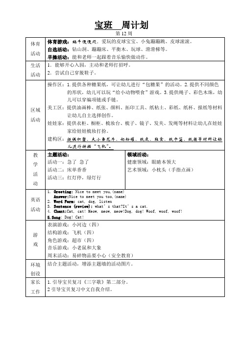 幼儿园班级周计划第12周