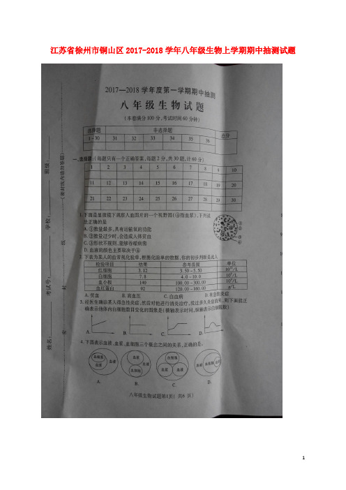 江苏省徐州市铜山区八年级生物上学期期中抽测试题(扫描版) 苏教版