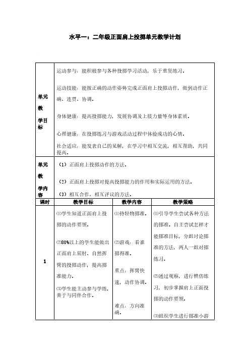 二年级正面肩上投掷单元教学计划