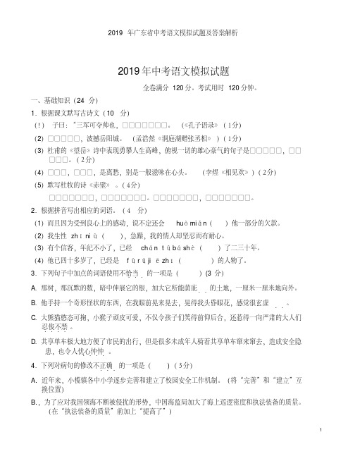 2019年广东省中考语文模拟试题及答案解析