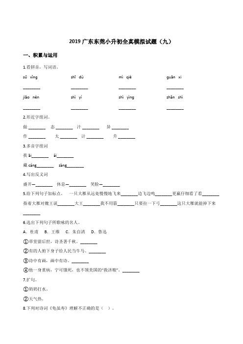 六年级下册语文试题--2019广东东莞小升初全真模拟试题(九) 人教新课标 含答案