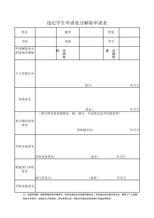 违纪学生申请处分解除申请表