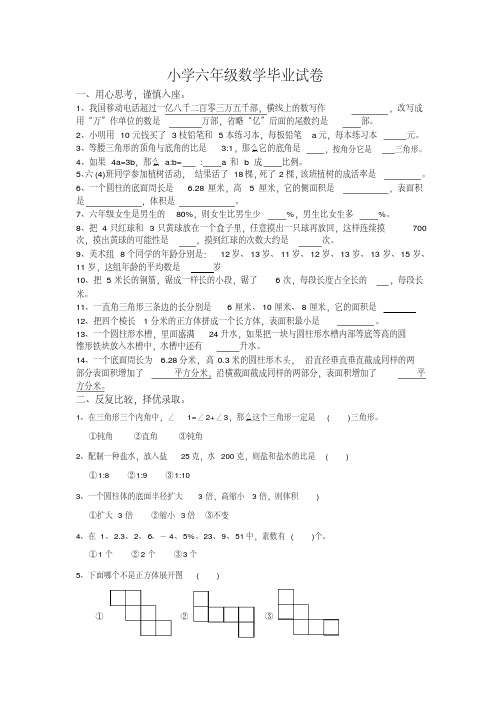 杭州市【小升初】小学六年级数学毕业试卷及答案