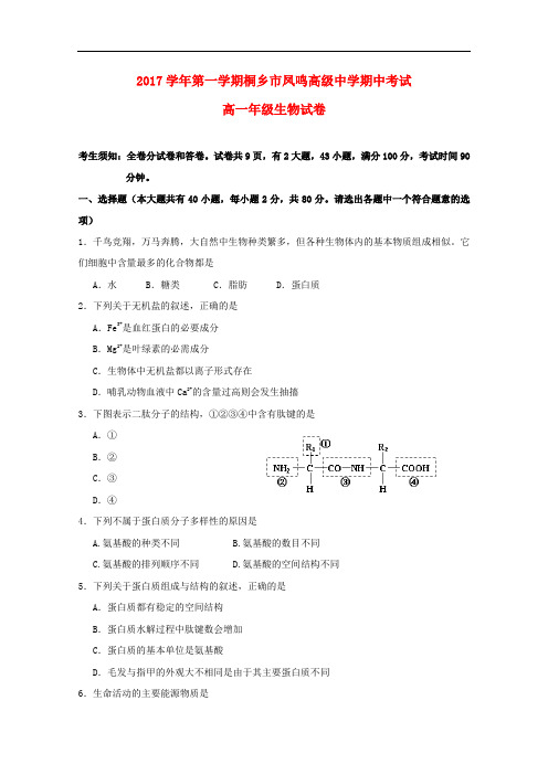 浙江省桐乡市凤鸣高级中学高一生物上学期期中试题