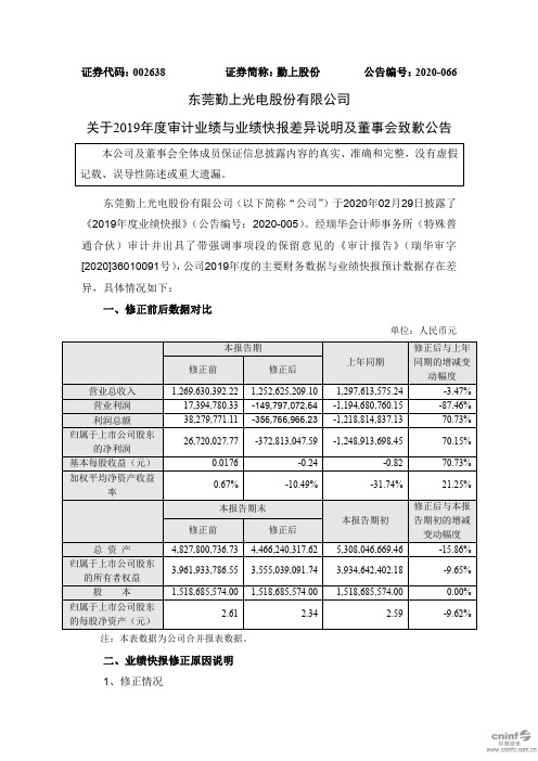 勤上股份：关于2019年度审计业绩与业绩快报差异说明及董事会致歉公告