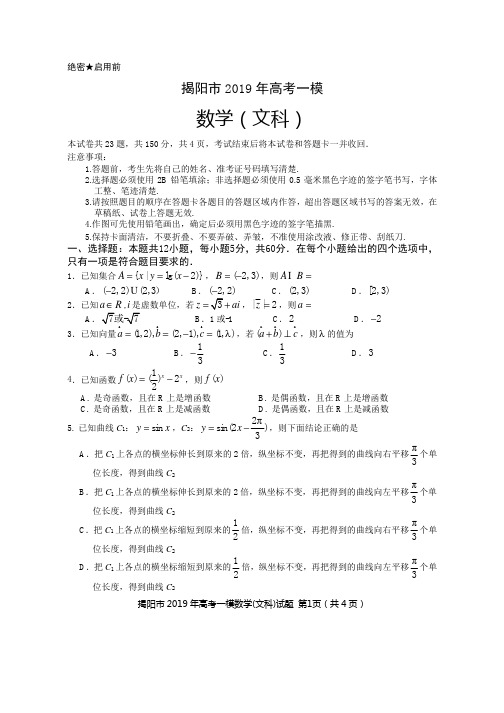 揭阳市2019年高中毕业班高考第一次模拟考试 文科数学 试卷及答案