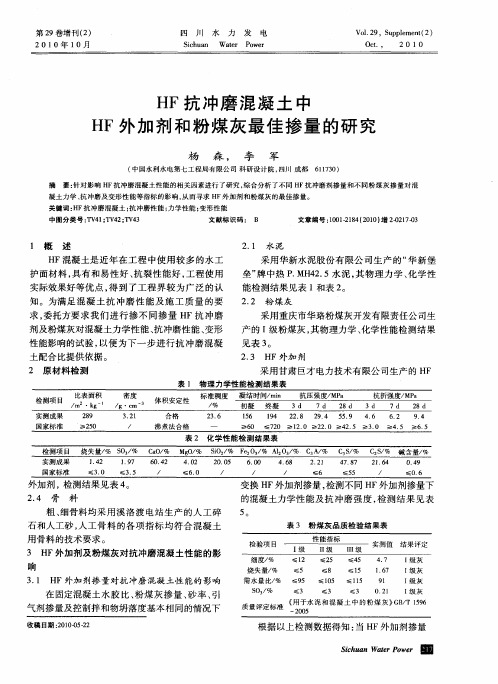 HF抗冲磨混凝土中HF外加剂和粉煤灰最佳掺量的研究