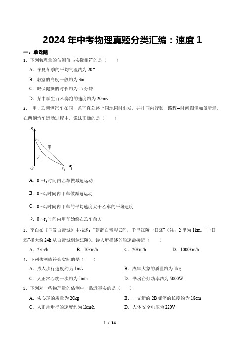 2024年中考物理真题分类汇编：速度1