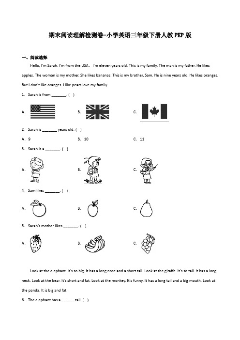 期末阅读理解检测卷-小学英语三年级下册人教PEP版
