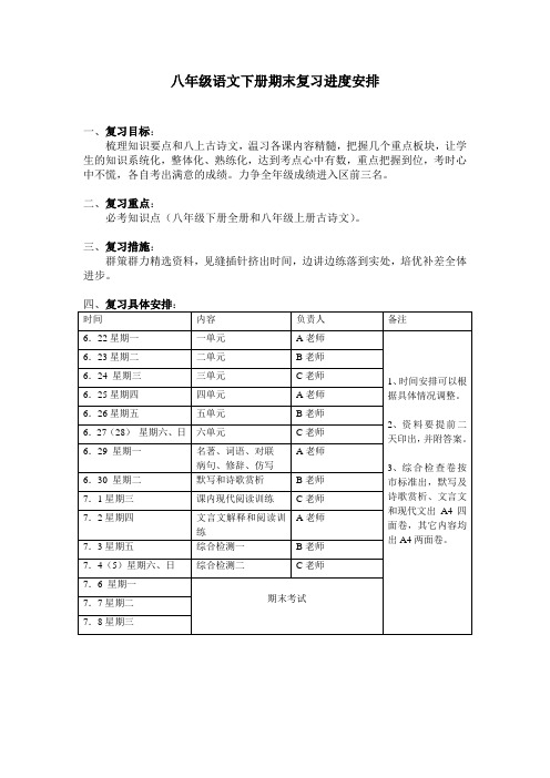 八年级语文下册期末复习进度安排