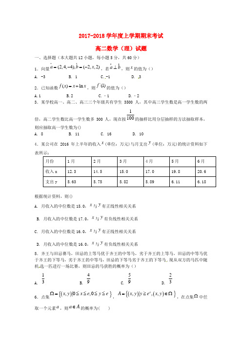 黑龙江省大庆市2017_2018学年高二数学上学期期末考试试题理