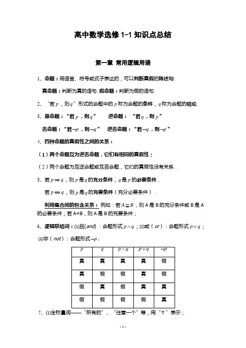 高中数学选修1-1知识点归纳