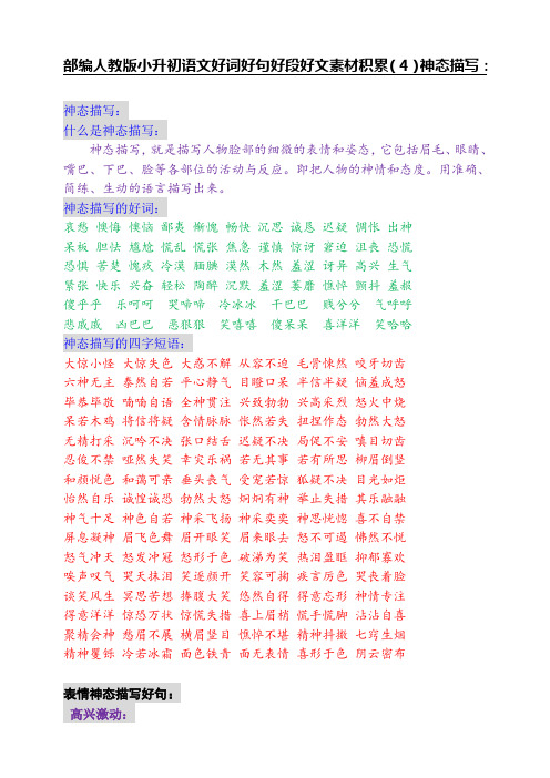 部编人教版小升初语文好词好句好段好文素材积累(4)神态描写：