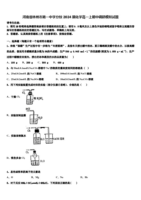 河南省林州市第一中学分校2024届化学高一上期中调研模拟试题含解析