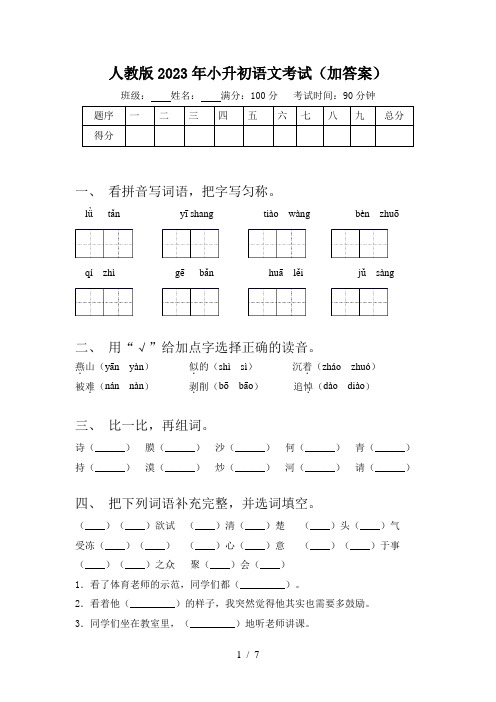 人教版2023年小升初语文考试(加答案)