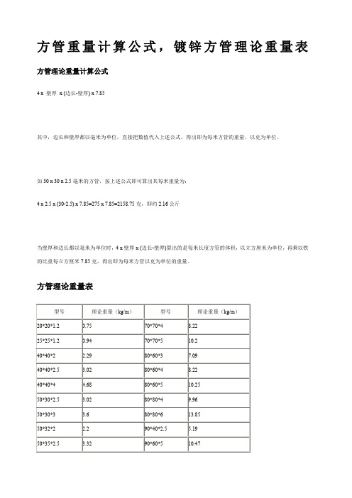 方管重量计算公式-镀锌方管理论重量表