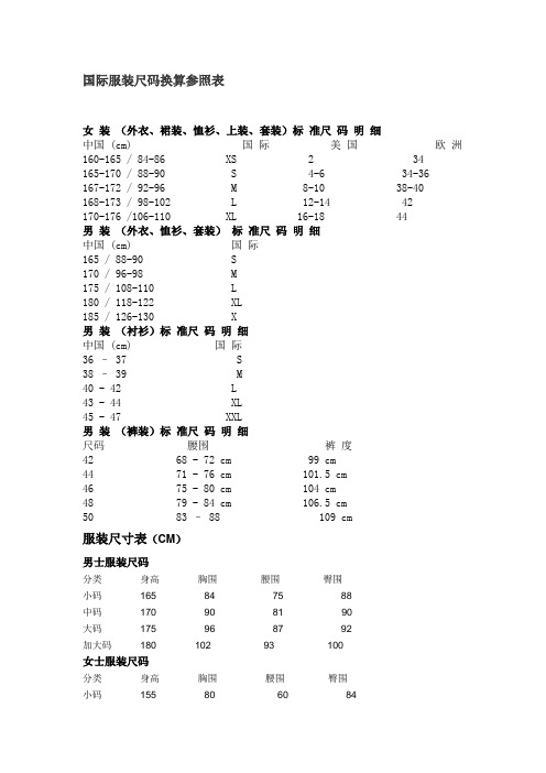 国际服装尺码换算参照表