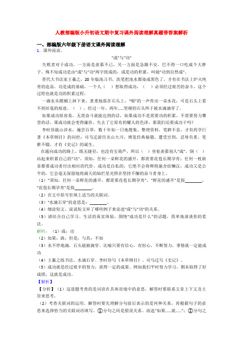 人教部编版小升初语文期中复习课外阅读理解真题带答案解析