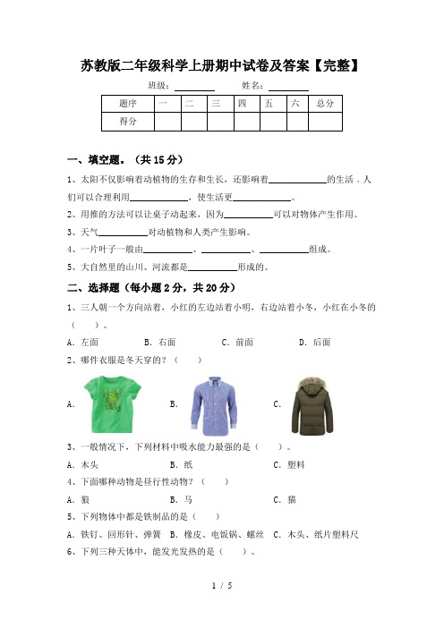 苏教版二年级科学上册期中试卷及答案【完整】