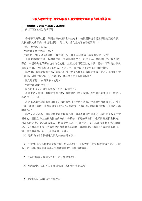 部编人教版中考 语文配套练习册文学类文本阅读专题训练答案