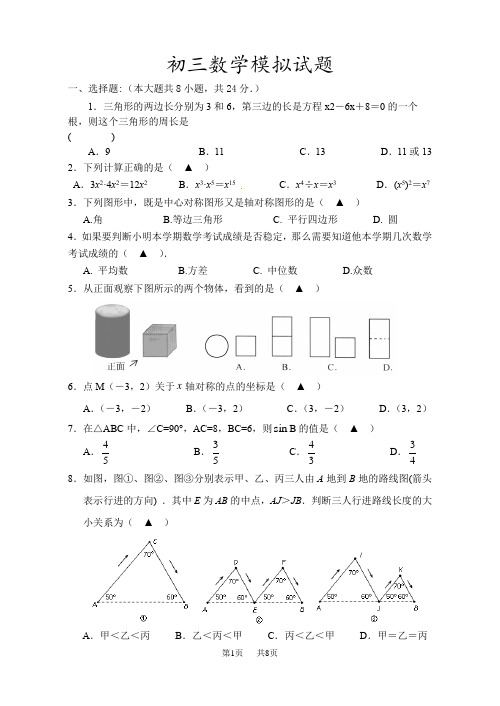 苏科版九年级下阶段数学模拟试题含解析