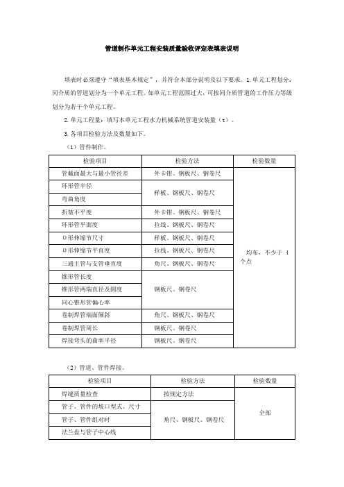 管道制作单元工程安装质量验收评定表填表说明