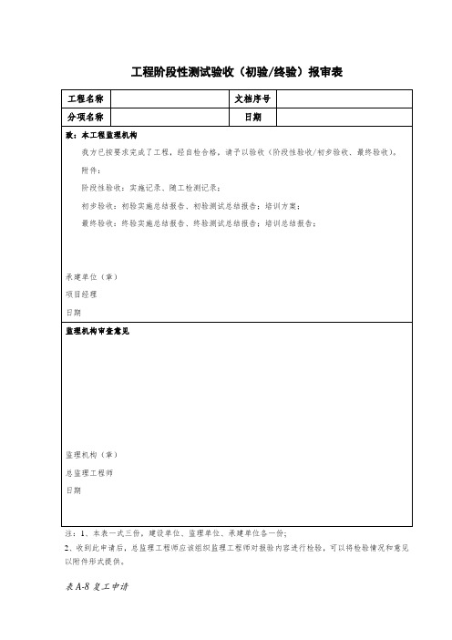 工程阶段性测试验收(初验终验)报审表