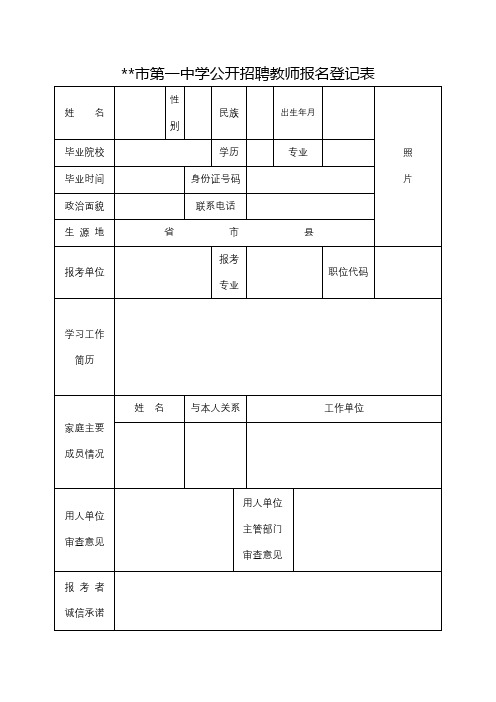 XX市第一中学公开招聘教师报名登记表【模板】