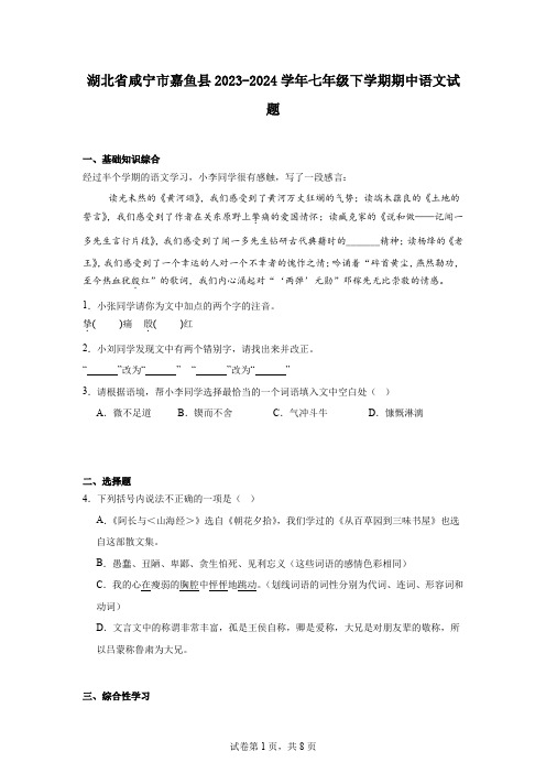 湖北省咸宁市嘉鱼县2023-2024学年七年级下学期期中语文试题