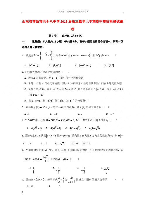 山东省青岛第五十八中学2019届高三数学上学期期中模块检测试题理